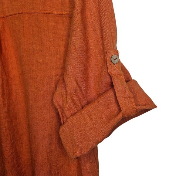 ROMEO GIULIA 100% Linen Top Lagenlook Button Down VNeck 3/4 Sleeve Orange Medium - Picture 4 of 7